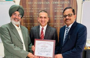 CIC Inderpal Singh Dhana and ACS D K Tewari, acknowledged Harpreet Sandhu’s certificate of honour