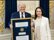 Venezuelan opposition leader Maria Corina Machado presents Nobel medal to Donald Trump at White House
