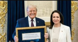 Venezuelan opposition leader Maria Corina Machado presents Nobel medal to Donald Trump at White House