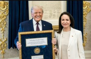 Venezuelan opposition leader Maria Corina Machado presents Nobel medal to Donald Trump at White House