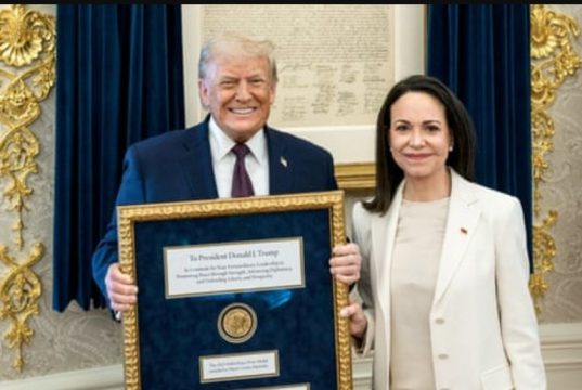 Venezuelan opposition leader Maria Corina Machado presents Nobel medal to Donald Trump at White House